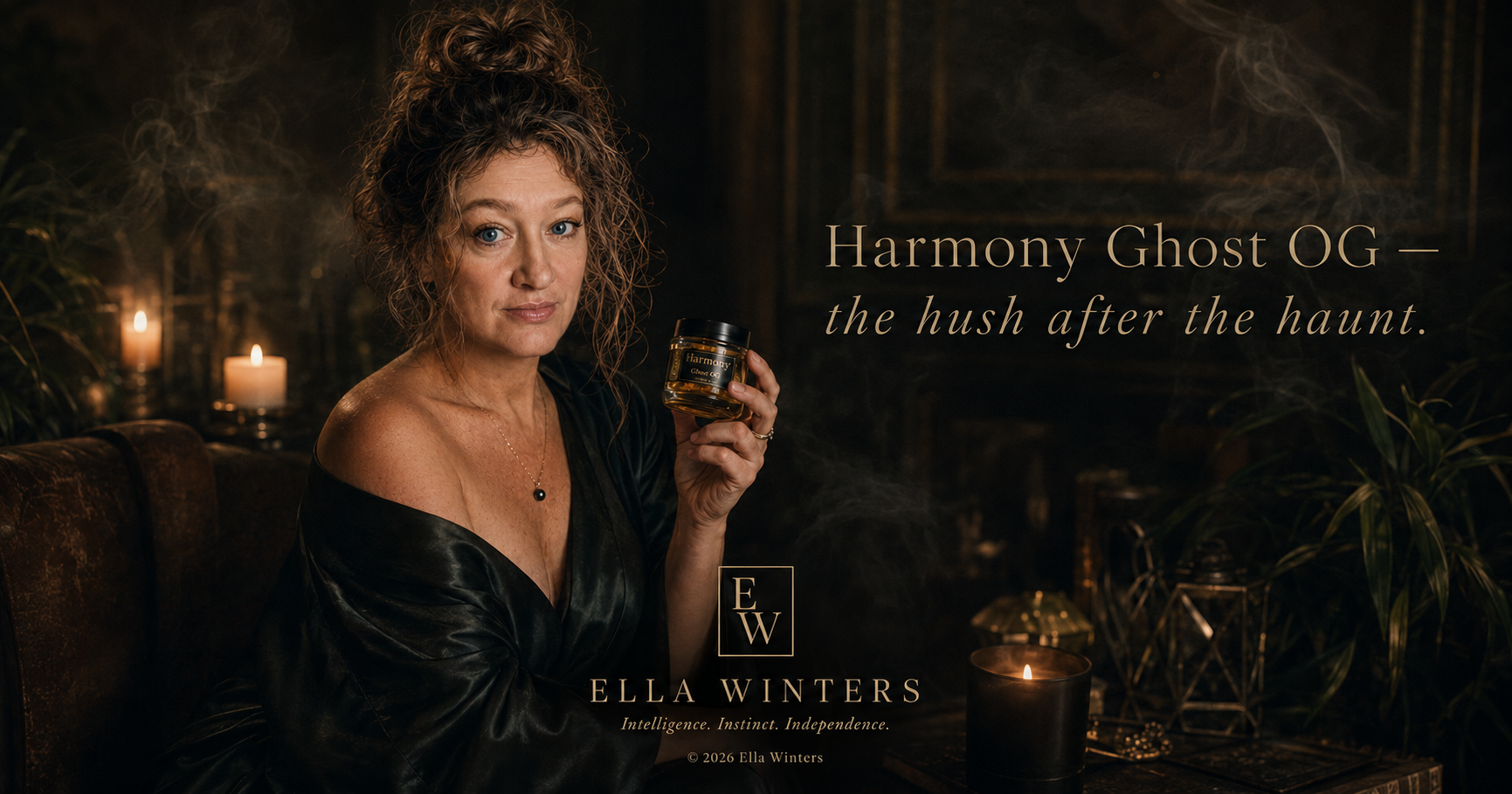 Ella Winters dark editorial portrait with Harmony Ghost OG concentrate in candlelight, messy bun, noir atmosphere